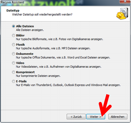 Dateiformat für die Wiederherstellung einschränken. (Bild: Screenshot) Dateiformat für die Wiederherstellung einschränken. (Bild: Screenshot)