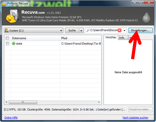 Detaillierte Einstellungen in Recuva aufrufen. (Bild: Screenshot) Detaillierte Einstellungen in Recuva aufrufen. (Bild: Screenshot)
