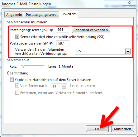 Einstellungen für den Versand und Abruf von E-Mails über eine verschlüsselte Verbindung. (Bild: Screenshot) Einstellungen für den Versand und Abruf von E-Mails über eine verschlüsselte Verbindung. (Bild: Screenshot)