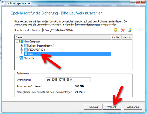 Geben Sie an, auf welchem Laufwerk die Datensicherung gespeichert werden soll. (Bild: Screenshot) Geben Sie an, auf welchem Laufwerk die Datensicherung gespeichert werden soll. (Bild: Screenshot)