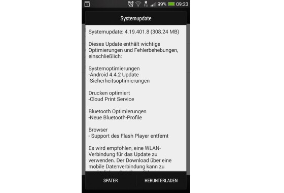 HTC currently delivers the KitKat update for the HTC One off (Image: Screenshot HTC One).