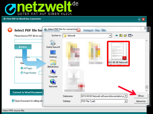 PDF-Dokument für die Konvertierung auswählen. (Bild: Screenshot) PDF-Dokument für die Konvertierung auswählen. (Bild: Screenshot)