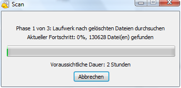 Scan nach wiederherstellbaren Dateien mit der Tiefensuche. (Bild: Screenshot) Scan nach wiederherstellbaren Dateien mit der Tiefensuche. (Bild: Screenshot)