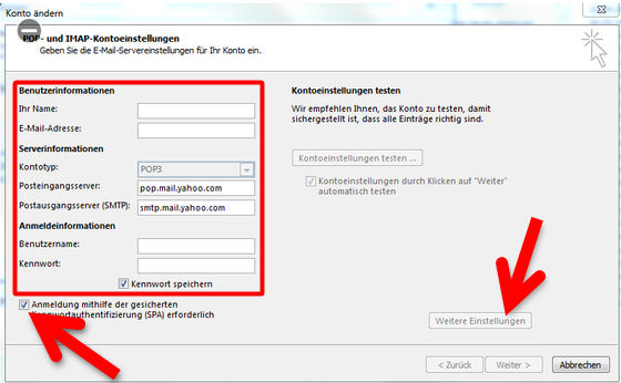 Serverdaten in Microsoft Outlook eingeben. (Bild: Screenshot) Serverdaten in Microsoft Outlook eingeben. (Bild: Screenshot)