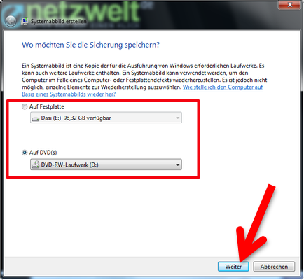 Speichermedium für die Erstellung des Systemabbildes auswählen. (Bild: Screenshot) Speichermedium für die Erstellung des Systemabbildes auswählen. (Bild: Screenshot)