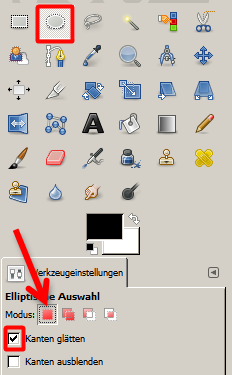 Symbol fr elliptische Auswahl und Werkzeugeinstellungen. (Bild: Screenshot)