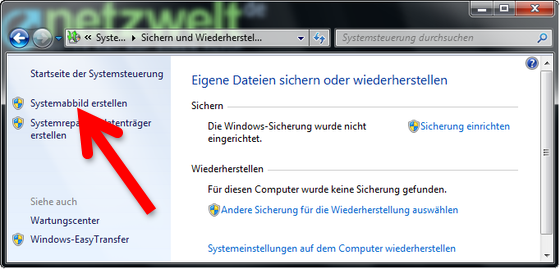 Systemabbild erstellen in den Einstellungen für die Datensicherung aufrufen. (Bild: Screenshot) Systemabbild erstellen in den Einstellungen für die Datensicherung aufrufen. (Bild: Screenshot)