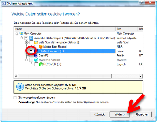 Umfang der Sicherung festlegen. (Bild: Screenshot) Umfang der Sicherung festlegen. (Bild: Screenshot)