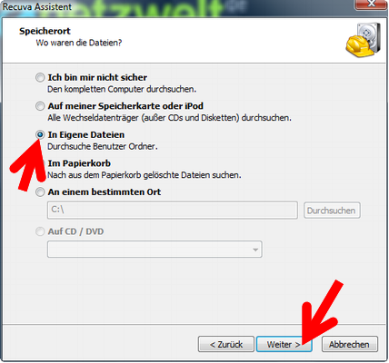 Wählen Sie aus, an welchem Speicherort sich die Dateien vor dem Löschen befunden haben. (Bild: Screenshot) Wählen Sie aus, an welchem Speicherort sich die Dateien vor dem Löschen befunden haben. (Bild: Screenshot)