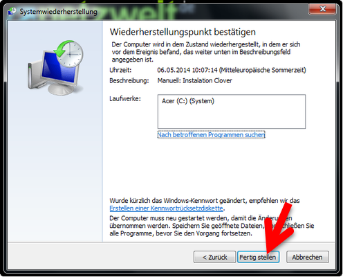 Wiederherstellung starten. (Bild: Screenshot) Wiederherstellung starten. (Bild: Screenshot)