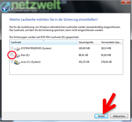 Zusätzliche Laufwerke in die Erstellung des Systemabbildes einbinden. (Bild: Screenshot) Zusätzliche Laufwerke in die Erstellung des Systemabbildes einbinden. (Bild: Screenshot)