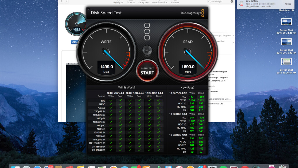 Messergebnisse des Flash-Speichers eines Macbook Pro 2015 mit 512 GB Speicherplatz.
