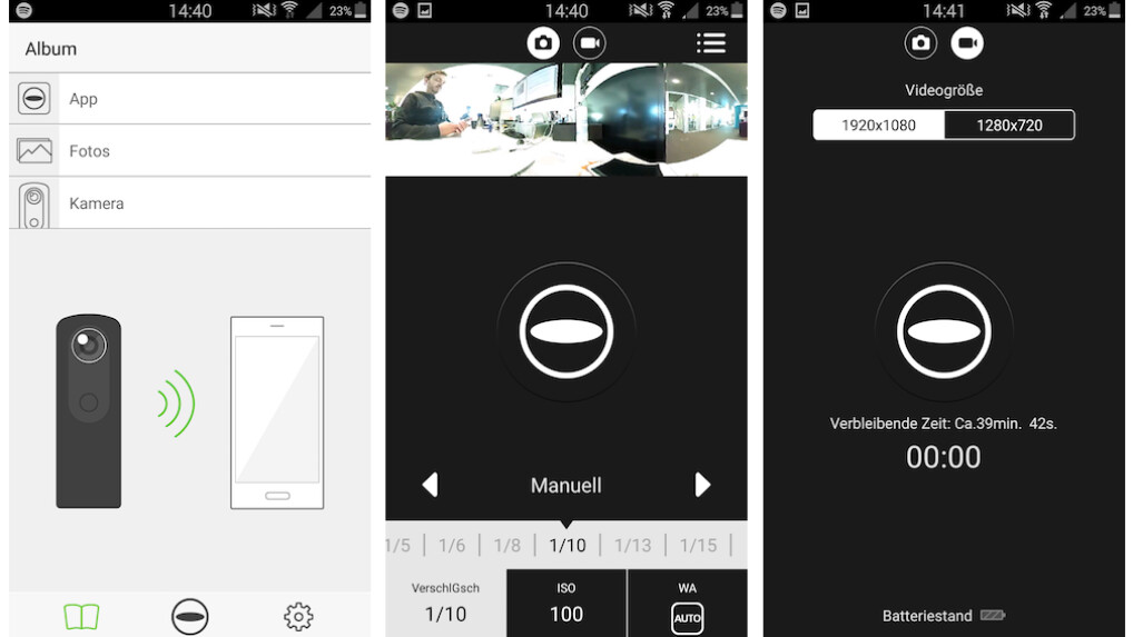 Die wichtigsten Menüs der Theta Theta S-App für Android.
