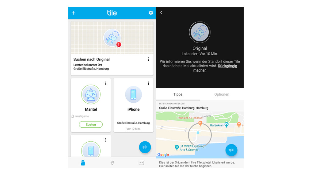 Links die Übersicht der Tracker. Rechts die Suche des "verlorenen" Trackers.