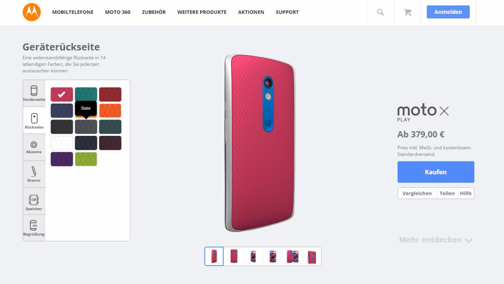 Über den Moto Maker könnt ihr das Moto X Play individuell gestalten. Ihr habt hierzu jedoch nur Kunststoffcover zur Auswahl.