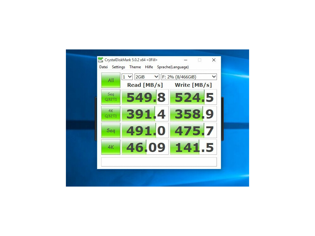 Geschwindigkeitsmessung der 750 EVO-SSD - unter Windows 10 64-Bit und Asus Z170-Mainboard.