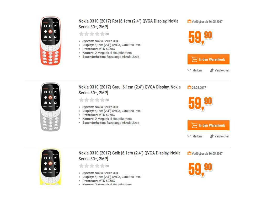 Online-Shops wie notebooksbilliger listen das neue Nokia 3310 bereits.