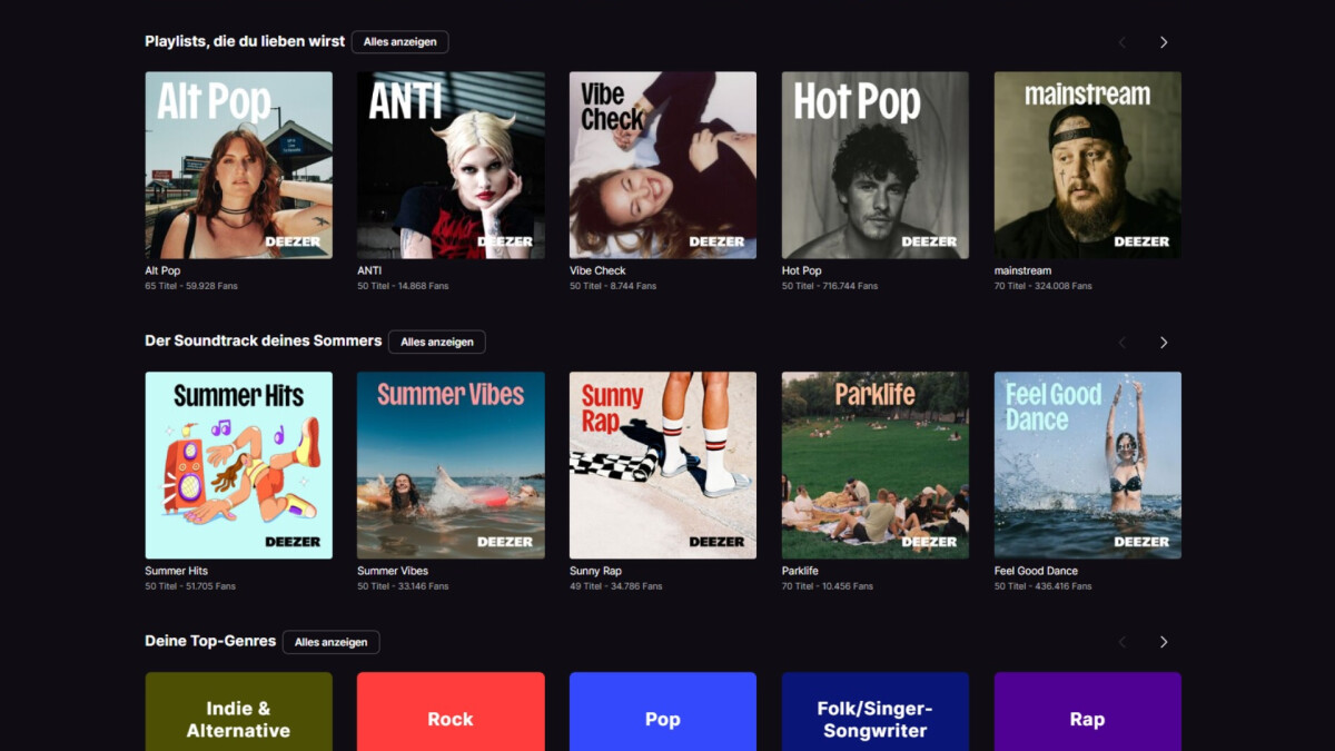 Auf Deezer findet ihr einfachlichkeit curatierte Playlists sortit nach Génére o Stimmung.