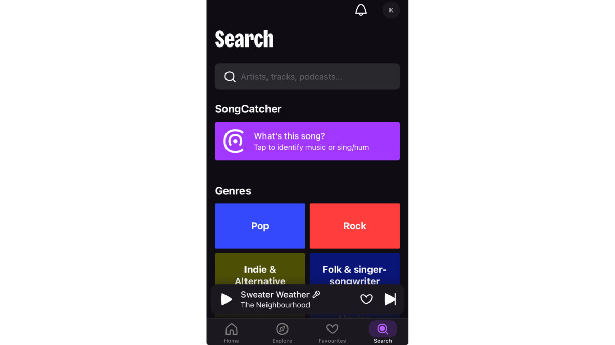 If the SongCatcher is found in the app, songs will be displayed in this view.