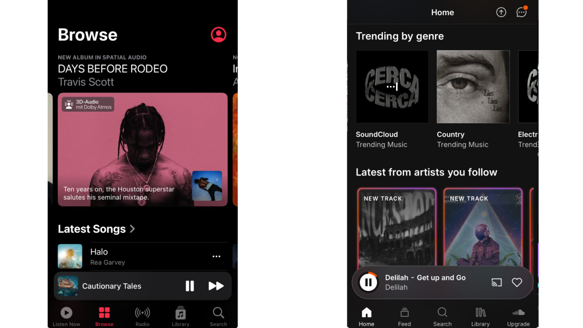 It's easy to distinguish the Apple Music app (left) from the SoundCloud app (right). However, both apps have a common navigation bar at the bottom.