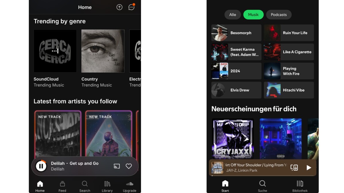 The SoundCloud app (left) and the Spotify app (right) have certain similarities, but are easy to tell apart.