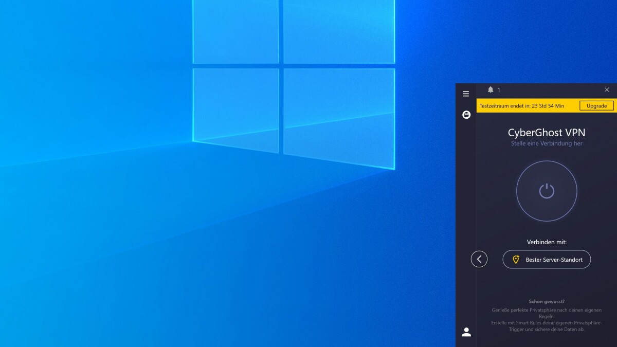 Die CyberGhost-App lässt sich wahlweise verkleinern, sodass ihr die wichtigsten Details immer unten rechts auf dem Desktop im Blick behalten könnt.