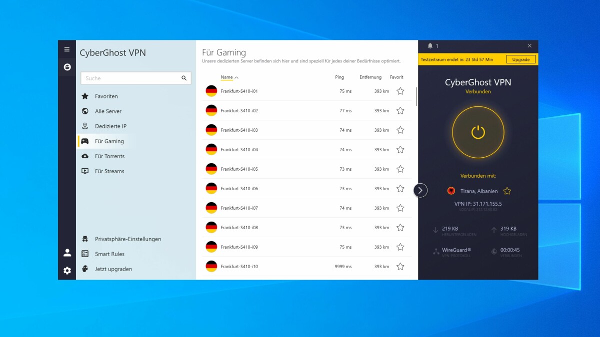 Fürs Gaming sind Sever mit besonders geringer Latenz ein Muss. CyberGhost stellt euch in der App dafür entsprechend optimierte Server zur Verfügung.