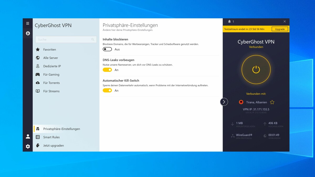 Die kostenlose Testversion von CyberGhost VPN umfasst alle wichtigen Funktionen - jedoch nur für einen ausgewählten Zeitraum.
