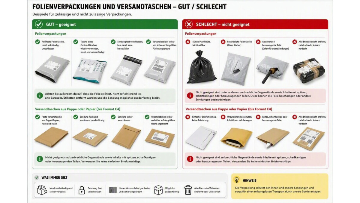 Stabile Versandtaschen sind erlaubt, dünne Plastiktüten bleiben tabu.