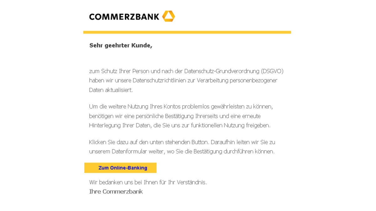 Aktuell warnt die Verbraucherzentrale vor Phishing-Mails im Namen Commerzbank.
