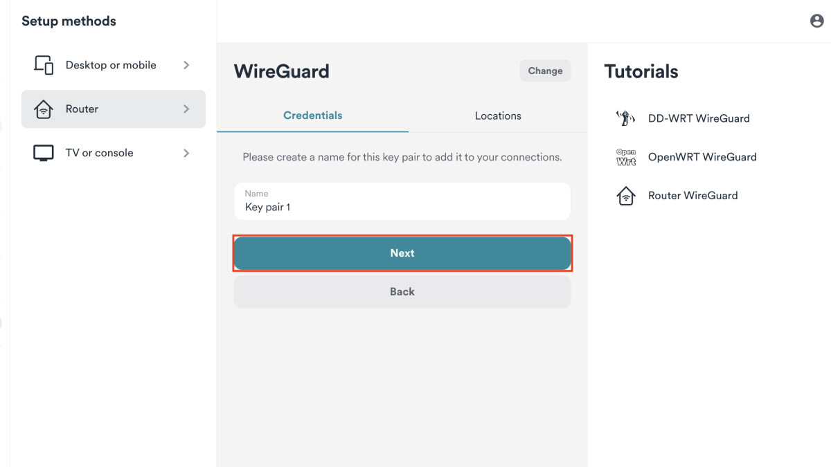 You can create a key pair with Surfshark using the option "Manual setup" generate.