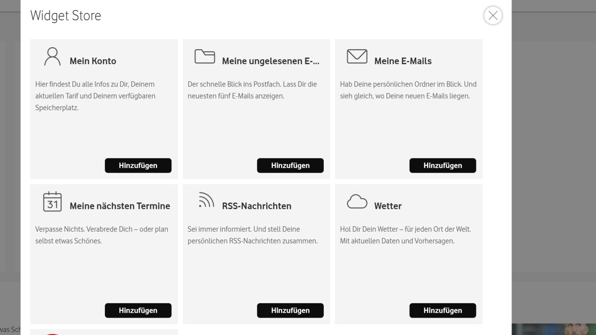 Bei Vodafone E-Mail könnt ihr euch individuell Widgets for eure Startseite hinzufügen, dazu gehören unterem "Wetter" Measles "Deadline".