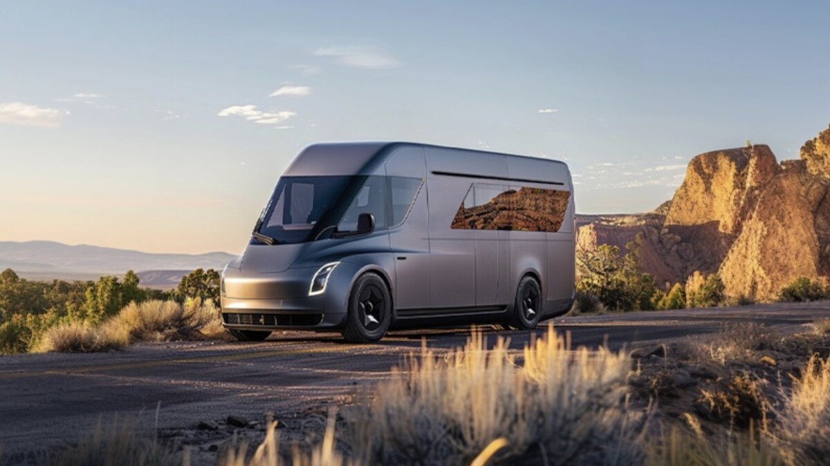 Der E-LKW Tesla Semi stand bei diesem Entwurf eines Tesla Van offensichtlich Pate.