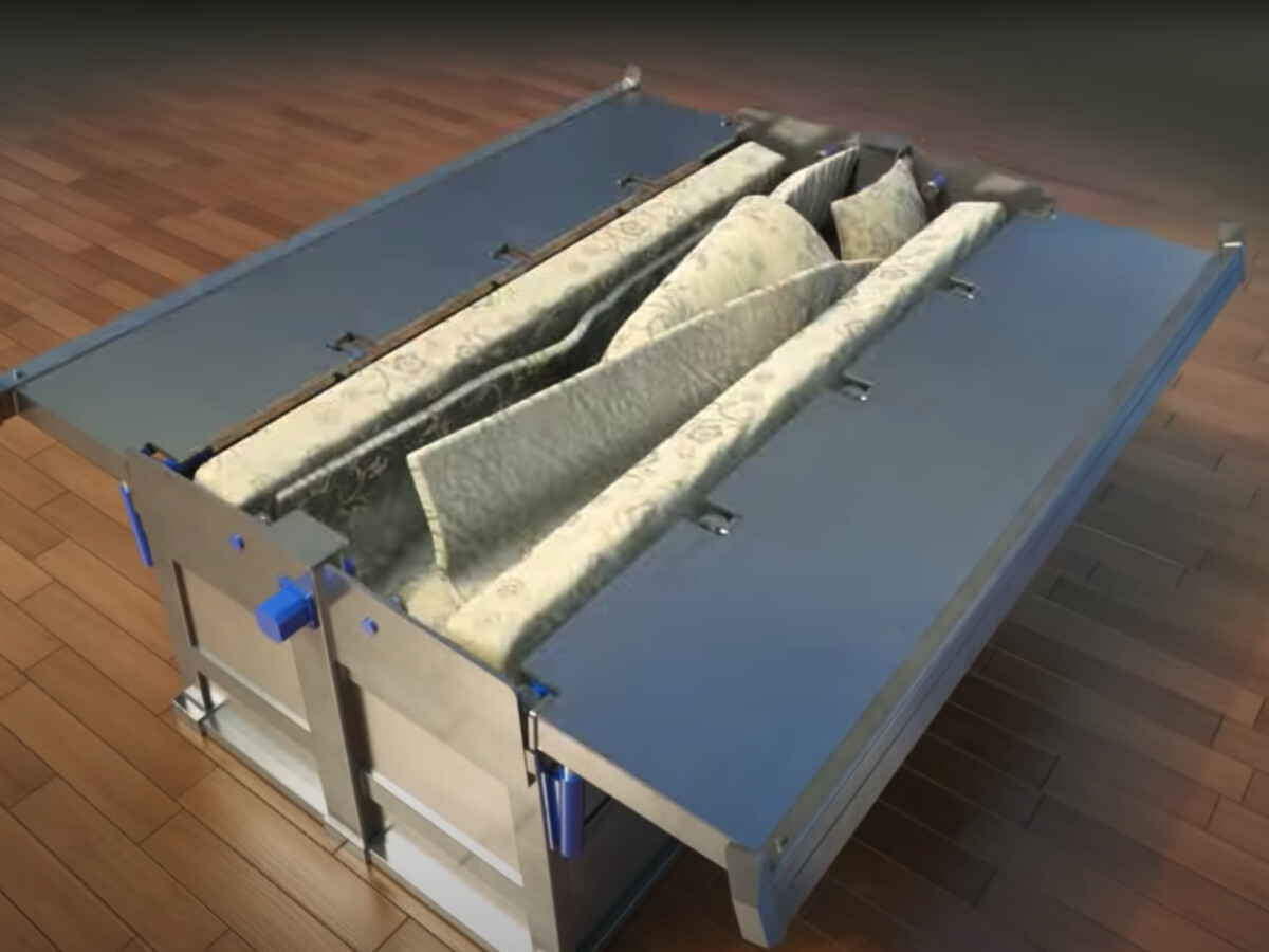 Eben noch ein Bett, jetzt ein Schutzraum: Das Anti-Erdbeben-Bett reagiert blitzschnell auf Bedrohung.