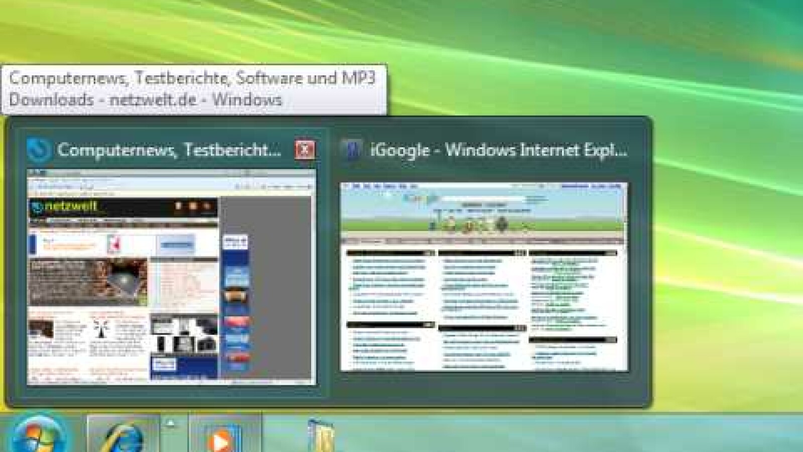 Wenn Sie die Maus über eine solche Kachel bewegen, sehen Sie eine Vorschau der darin befindlichen Anwendungen. Ein Klick auf diese Thumbnail-Bilder bringt die jeweilige Applikation in den Vordergrund.