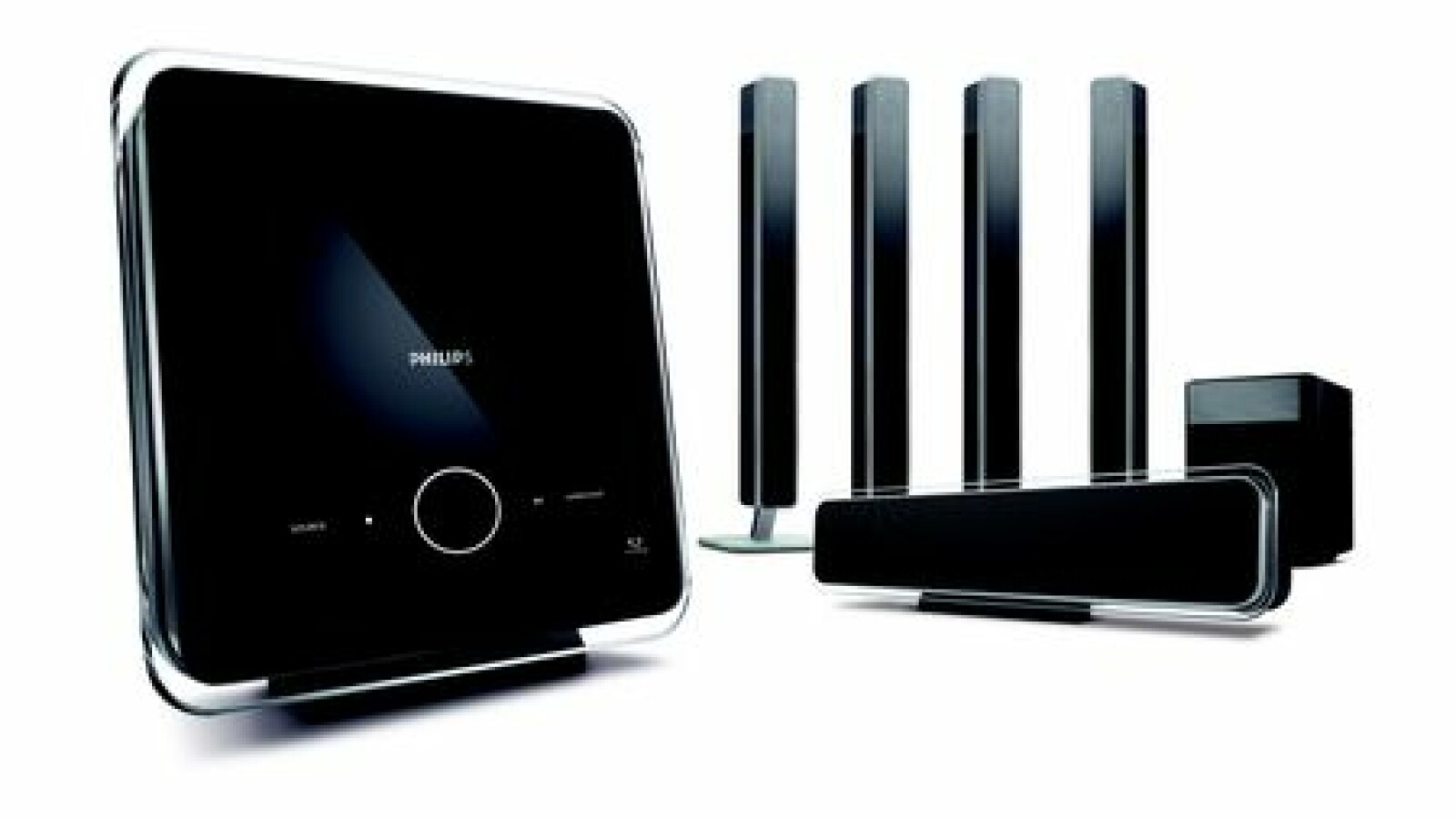 Zu der Ambisound HTS 9810-Anlage von Philips mit 1600 Watt Musikleistung mit 9.1 Cinema Surround Sound gehören 5 Lautsprecher, ein Subwoofer und ein Verstärker mit einbautem FM-RDS Tuner. Ab Oktober kann man sich die Anlage für 1.900 Euro ins Wohnzimmer stellen.