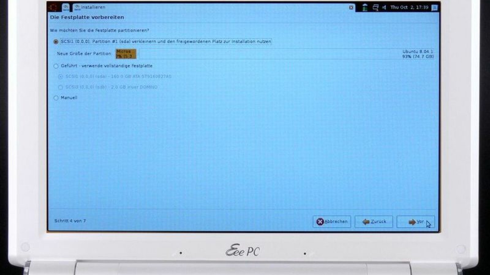 Die vorhandene XP-Installation nimmt sieben Prozent der Festplatte (über 5 GB) in Beschlag.