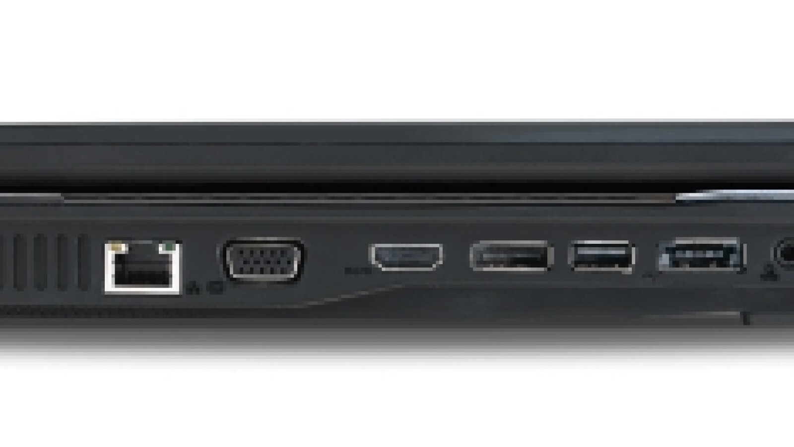 Die Anschlüsse von links nach Rechts: RJ11, RJ45, VGA out, HDMI, eSATA, zwei mal USB und Audio-Buchsen.