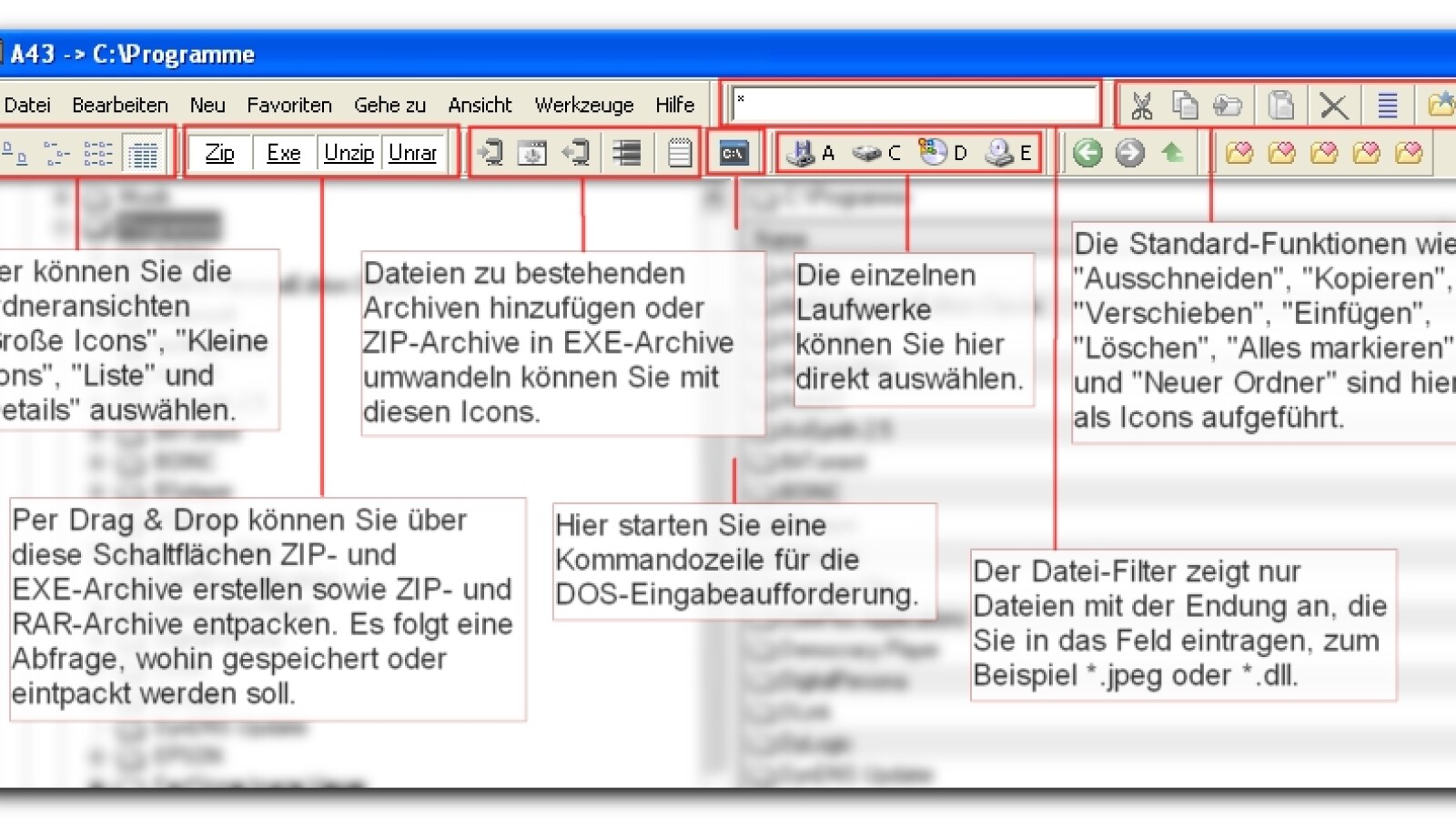 Funktionen für ZIP-Archive und das Bearbeiten von Ordnern sind in der Toolbar