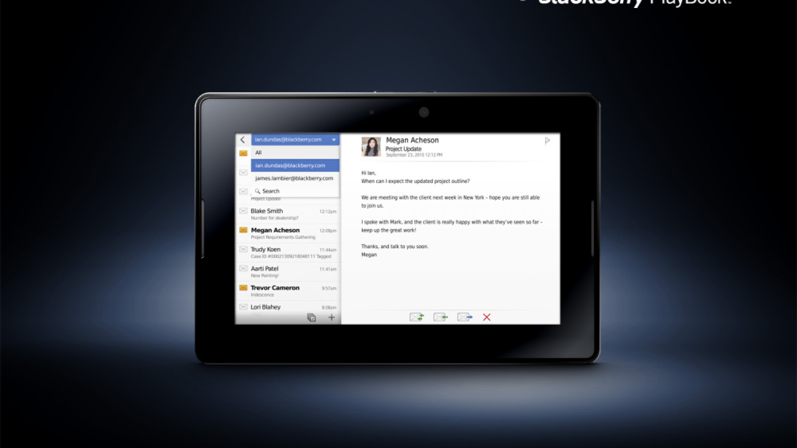 E-Mails vom BlackBerry Smartphone lassen sich via gesicherte Bluetooth-Verbindung auch auf dem Tablet darstellen. (Bild: RIM)