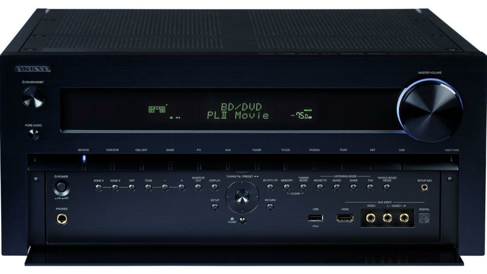 Eher selten benötigte Bedienelemente sind hinter einer großen Klappe im unteren Bereich des AV-Receivers versteckt. (Bild: netzwelt)