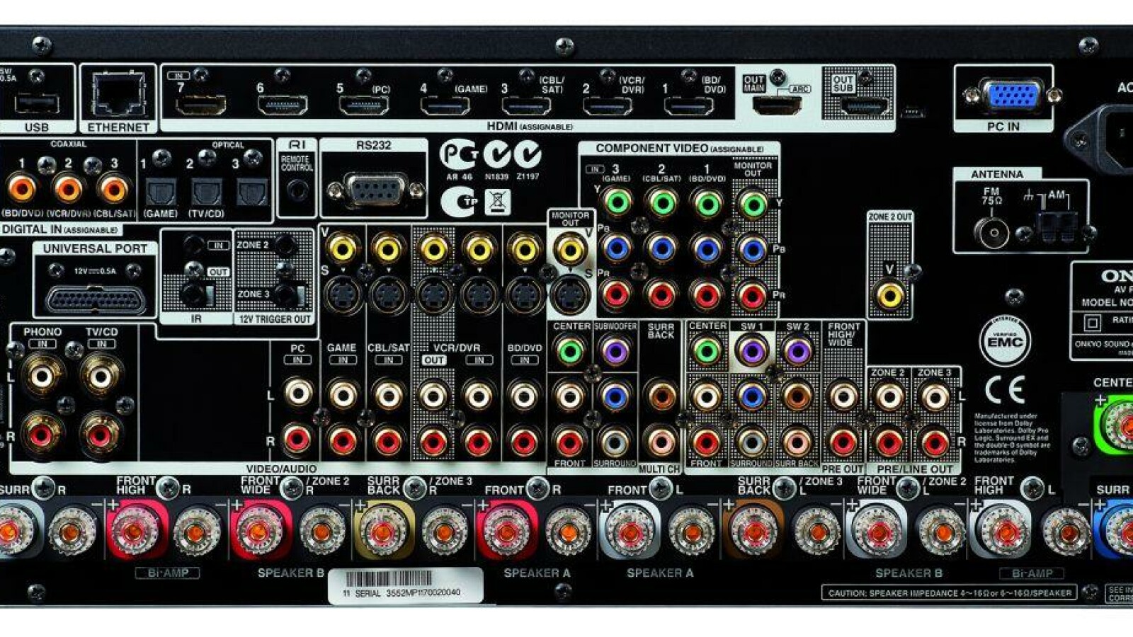 Wo geht’s denn hier zum Internet? Auf der Rückseite des Onkyo TX-NR 5009 offenbart sich eine riesige Anschlussvielfalt. (Bild: netzwelt)