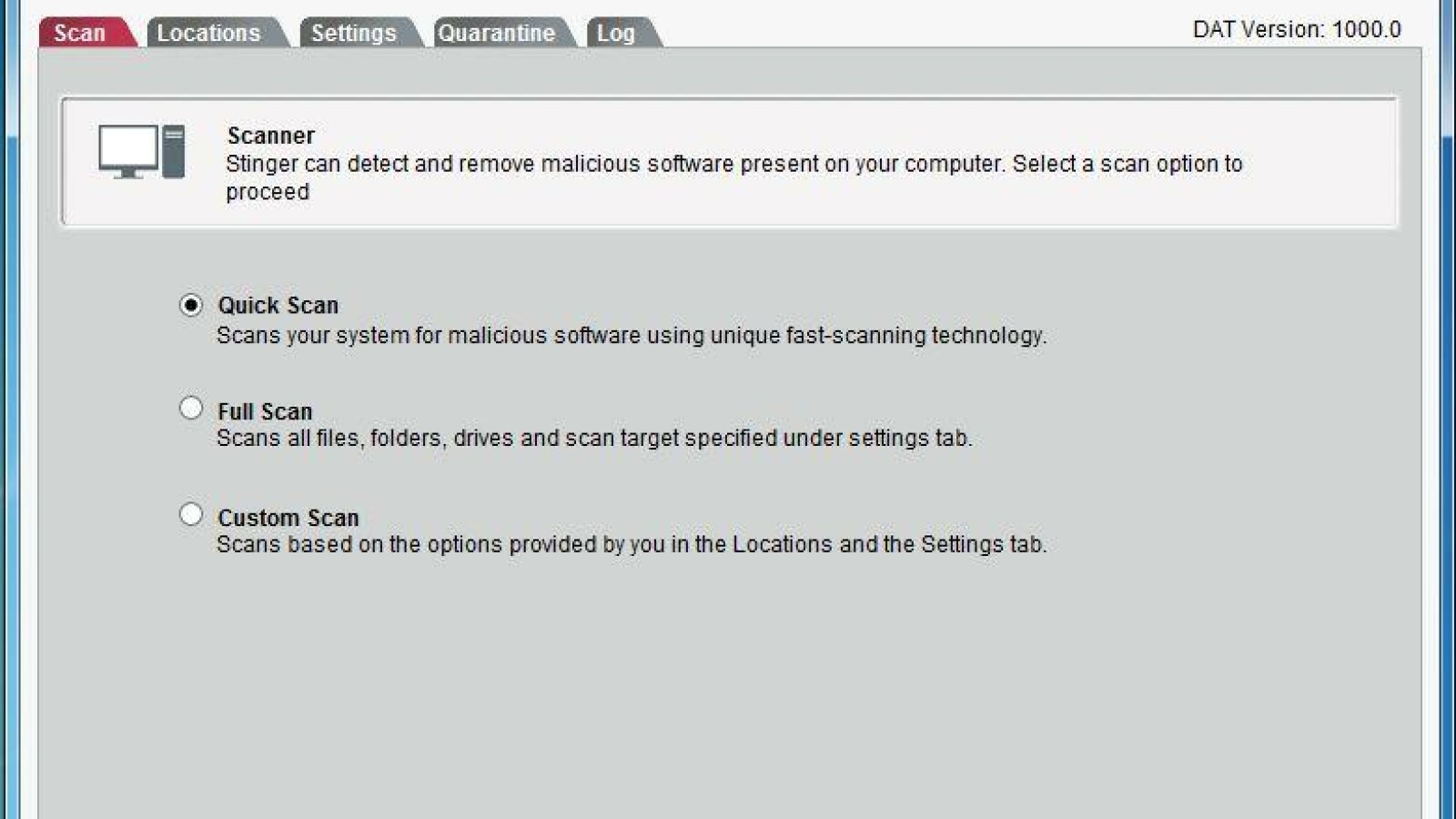 Die Wahl zwischen den verschiedenen Scan-Arten.(Bild: McAfee Labs Stinger)