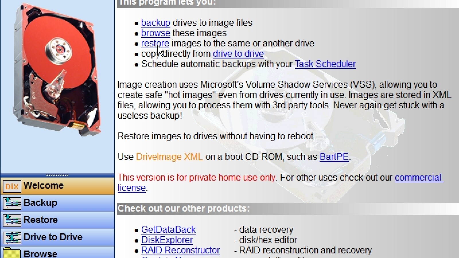 DriveImageXML erzeugt Images Ihres Systems, die sich auch mit Tools von Drittherstellern verarbeiten lassen. (Bild: Screenshot DriveImageXML)