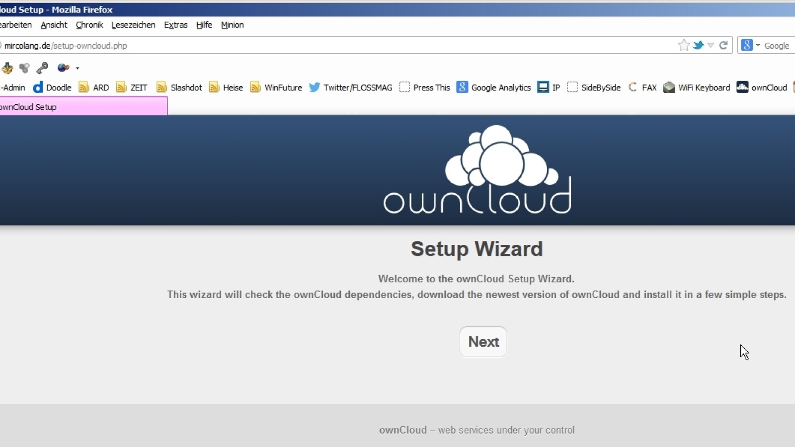 In aller Regel sehen Sie im Anschluss den folgenden Screenshot und ownCloud meldet, dass alles OK ist. Ein populäre Fehler könnte hier auftreten: Fehlende Schreibrechte für das gewählte Installationsverzeichnis, die Sie über die Oberfläche Ihres Providers oder einen FTP-Client ändern können. (Bild: Screenshot ownCloud)
