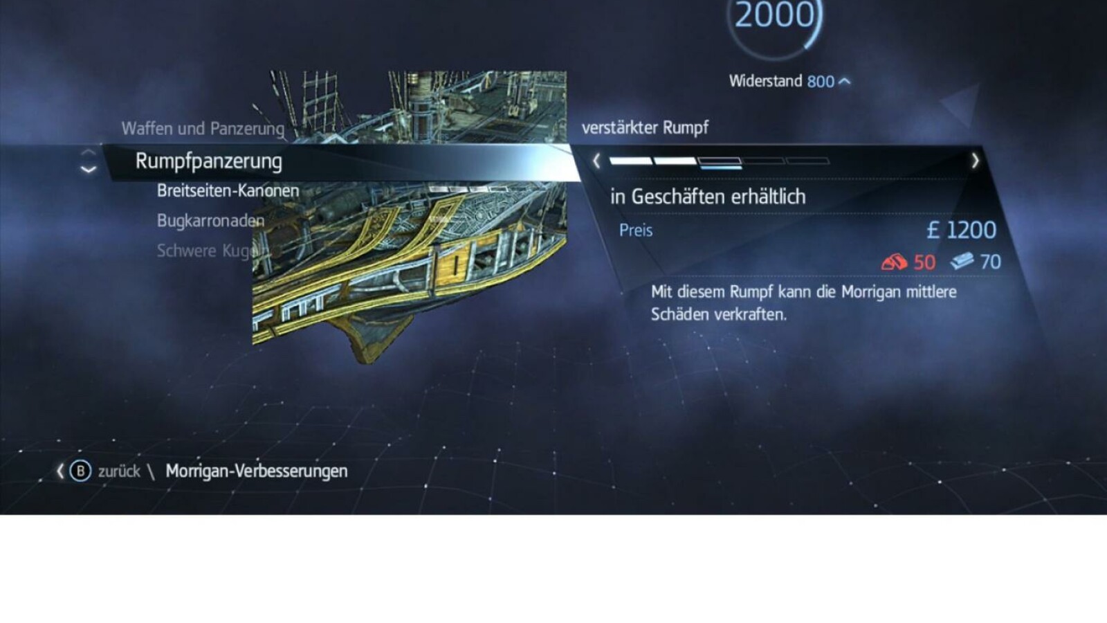 In Geschäften, oder noch bequemer über das Menü, könnt ihr euer Schiff verbessern.