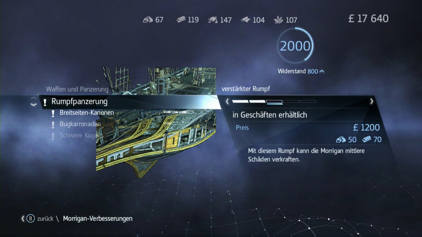 In Geschäften, oder noch bequemer über das Menü, könnt ihr euer Schiff verbessern.