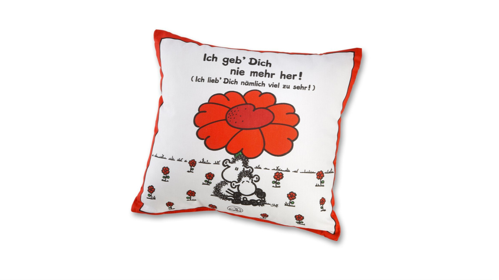 Das Sheepworld-Baumwollkissen mit dem Aufdruck "Ich geb' Dich nie mehr her!" kostet 10,95 Euro.