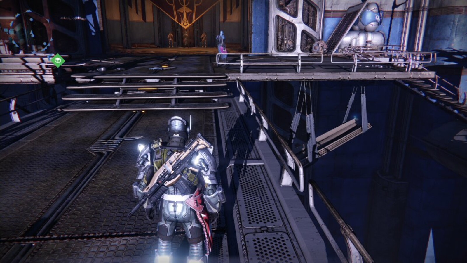 ...geht zur Brücke vor euch - auf dem rechts unten hängenden Pfeiler seht ihr den Geist. (Screenshot / Activision)