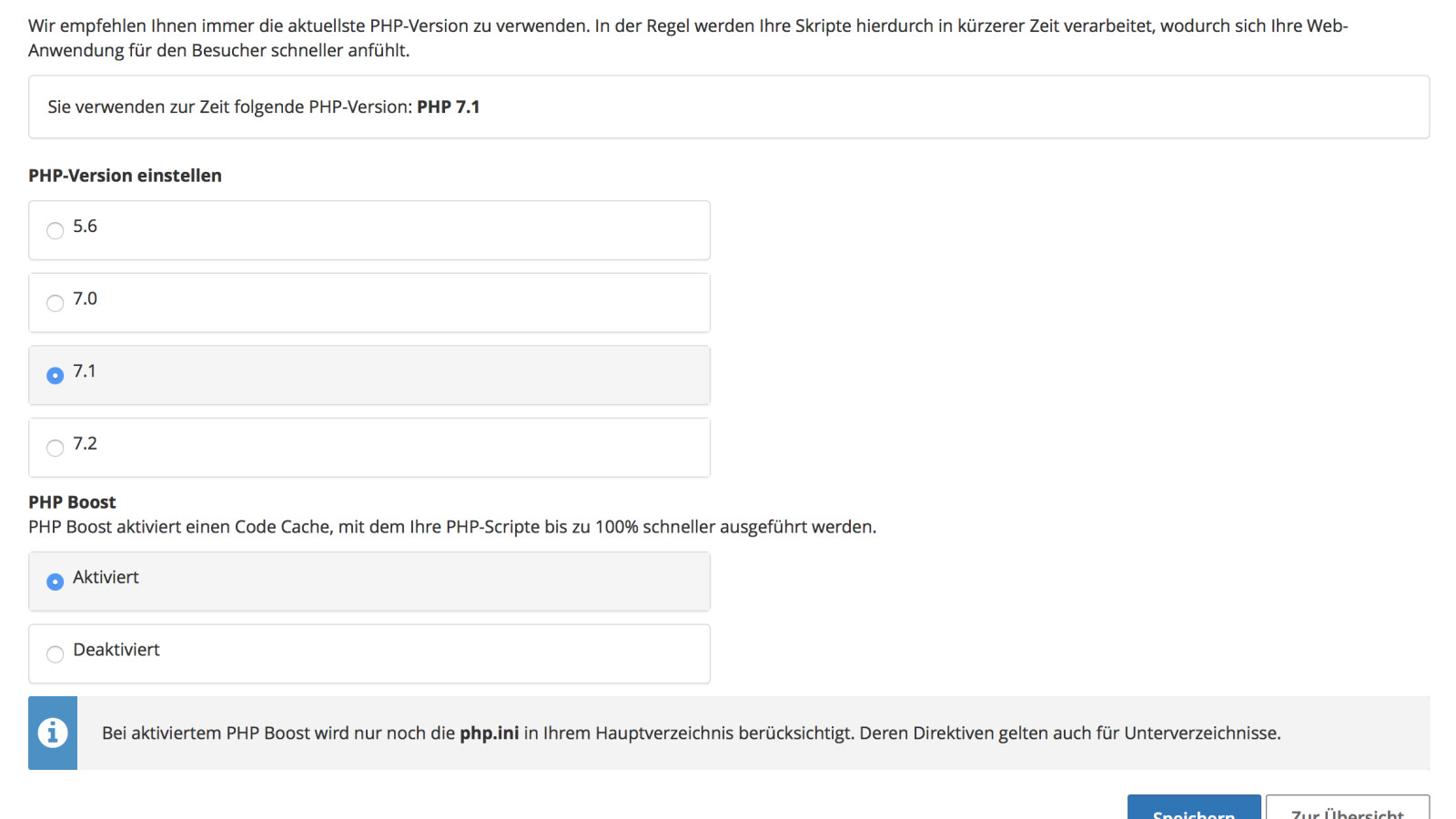 Die PHP-Version lässt sich einstellen. Das neueste PHP 7.2 ist bereits an Bord.